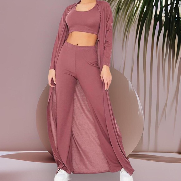 DUSTY ROSE MAXI CARDIGAN 3 PIECE LOUNGE SET WITH CROP TOP AND WIDE LEG PANTS - Picture 5 of 6